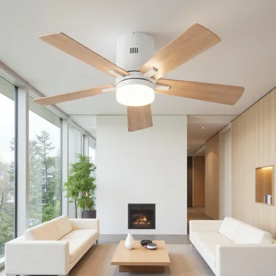Image de Ventilateur de plafond INONEFT de 106 cm avec éclairage et télécommande, 5 pales, moteur DC ultra silencieux, 6 vitesses, éclairage LED dimmable, couleur bois naturel