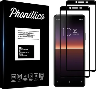 A product packaging box and a smartphone with a screen protector applied.