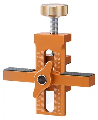 Imagen del producto de Posicionador para bisagras de puerta, fabricado en aleación de aluminio ajustable. Incluye plantilla de montaje, brocas de 6/8/10 mm, plantilla para herrajes de puerta, soporte ajustable de 0-30 mm y plantilla para desmontaje de puertas
