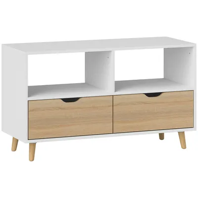 Productafbeelding van TV-kast, lage kast met 2 opbergvakken, 1 lade, 99 cm lang. Televisiekast voor televisies, TV-meubel voor de woonkamer, wit, wit, 47 cm, 13,5 cm, hout