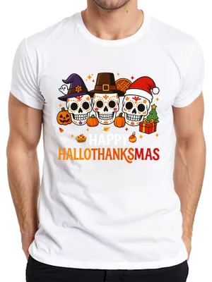 Productafbeelding van Happy Hallothanksmas, Dia de los Muertos, Halloween, heren T-shirt, wit, maat L