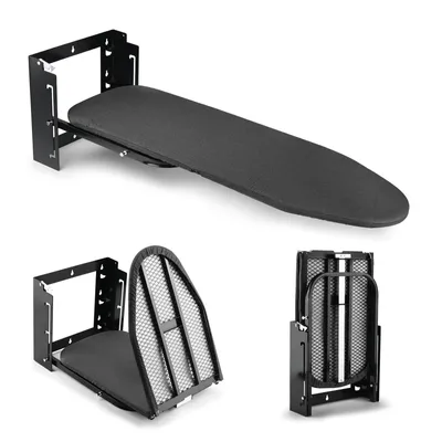 A wall-mounted ironing board is shown in three different configurations: extended, partially folded, and fully folded.