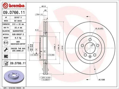 Produktbild von 2x BREMBO Bremsscheibe 09.D766.11 für VW POLO (AW1 BZ1) 49mm 312mm