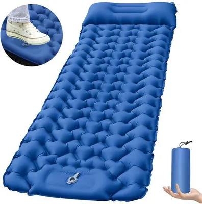Image de Matelas de sol autogonflant - Se gonfle automatiquement grâce à une pompe à pied intégrée - Matelas de sol - Autogonflant - Stabilité - Matelas de sol - Matelas de camping - Lit de camping - Matelas pneumatique pliable - Lit gonflable - Matelas pneumatique - Matelas de sol pour une personne - 196 x 68 x 9 cm - Bleu