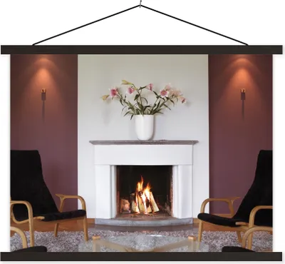 Produktbild von MuchoWow® Textilposter Ein Kamin in einem Wohnzimmer 150x113 cm mit schwarzem Rahmen - Wohnzimmer