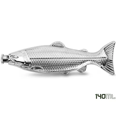A silver fish-shaped flask is shown against a white background.