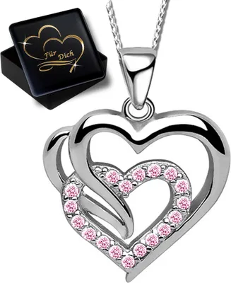 Produktbild von Frauen  Herz Halskette mit Anhänger echt 925 Sterling Silber Rosa Herzkette Halsschmuck Damenkette Kette K809+V11+50cm