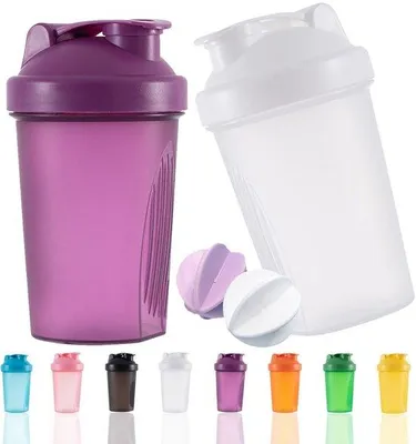 Produktbild von Ibenzoa® Protein-Shaker 2er-Set, 400 ml – auslaufsichere Shake-Flasche mit Messskala, Sieb und Mixerbällen, Lila/Weiß