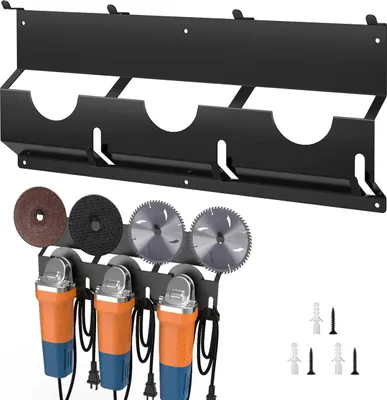 Produktbild von Winkelschleifer-Halterung Wandmontage aus Metall, Organizer für bis zu 3 Winkelschleifer, Belastbarkeit bis 30kg, mit 4 Haken für Schleifscheiben & Kabelführung, Werkzeughalter Werkstattregal