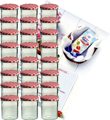 A set of glass jars with red and white checkered lids, along with a packet of jelly powder, arranged on a white background with some marketing material.