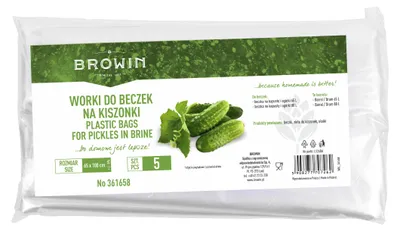 A package of plastic bags for pickles in brine, with an image of cucumbers and leaves.