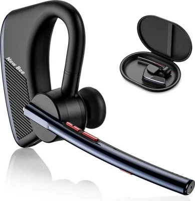 A black wireless headset with a charging case.