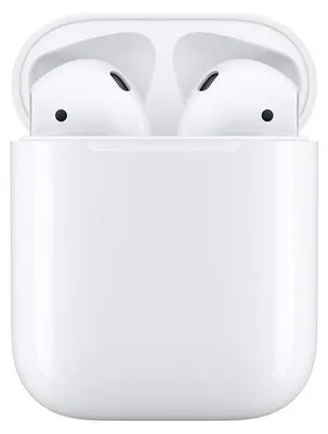 A pair of white Apple AirPods in their charging case.