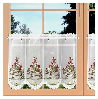 Produktbild von Landhaus Scheibenhänger Blütenfreude mit Vögelchen aus echter Plauener Spitze, Blumenmotiv 40 x 144 cm