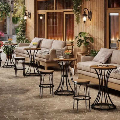 Produktbild von Bartisch rund 95 cm hoch Holz Bistro Kneipentisch Esstisch für 2 mit Metallsockel Tischplatte 60 x 60 cm braun