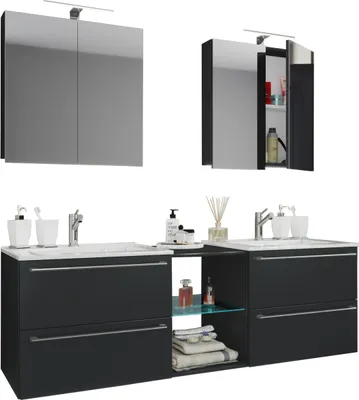 Produktbild von VCM 3-tlg. Set | 2 Waschtisch, 2 Spiegelschrank, 2 Waschbecken, 1 Mittelfach | Keramik Waschbecken | Unterschrank 155 cm | Badmöbel Set Doppel Waschplatz - Badinos XXL