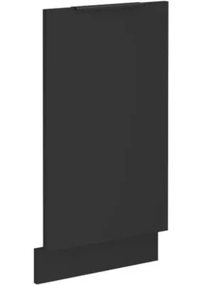 A black dishwasher door panel with a handle at the top and a protruding base.