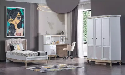 Produktbild von Kinder Jugendzimmer Bett + Schreibtisch + weißer Kleiderschrank 3-teilige Möbel