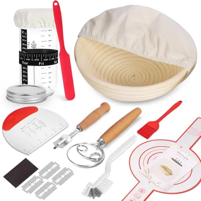 Produktbild von 9-teiliges Gärkörbchen-Set rund & Sauerteig-Starter-Set – Komplettes Brotbackzubehör inkl. Sauerteig-Gärglas, Teigkarte & Teigwerkzeug