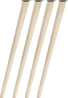 Four wooden furniture legs with metal tops, arranged diagonally against a white background.