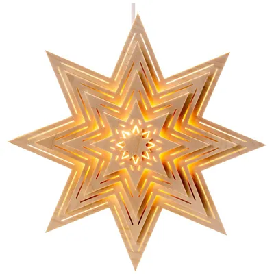 Ein leuchtender Stern aus Holz mit kunstvollen Lichtschlitzen strahlt warmes Licht aus und eignet sich perfekt als Fensterdekoration in der Weihnachtszeit
