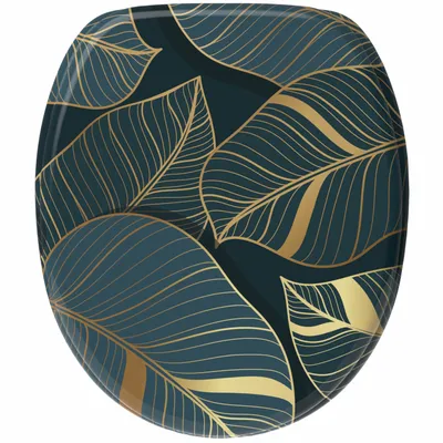 A toilet seat with a monstera leaf pattern.