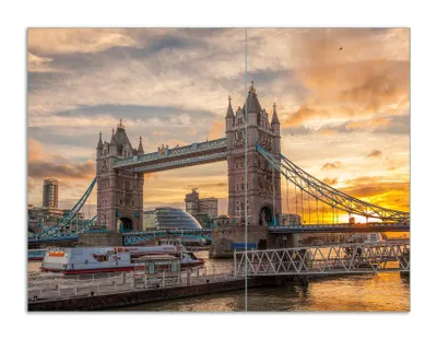 Produktbild von Wallario Herdabdeckplatte aus Glas, Größe 70 x 52 cm 2-teilig, Motiv Tower Bridge - London bei Sonnenuntergang