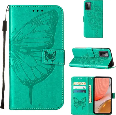 Produktbild von Galaxy A72 4G Hülle, Schmetterling Prägung Flip Leder Kartenfächer Schutzhülle Ledertasche mit Ständer für Samsung Galaxy A72 4G / 5G Grün