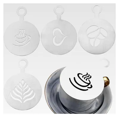 Produktbild von 4 Stück Edelstahl Kaffee Schablonen - Tortendekoration und personalisierte Latte Art mit Cappuccino Kunst Schablonen