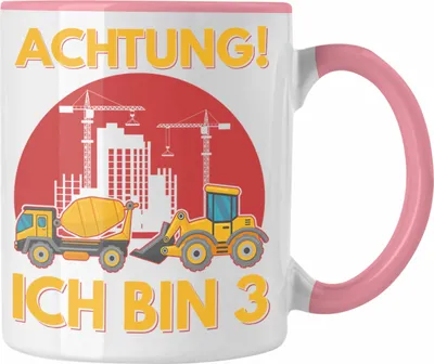 Produktbild von Trendation - Achtung Ich Bin 3 Tasse Geschenk 3-Jähriger Junge Bagger Geschenkidee Sohn (Rosa)