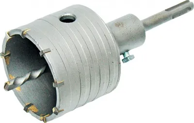 A close-up studio shot of a hole saw drill bit.