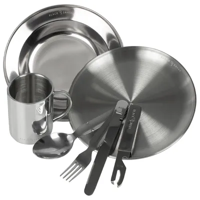 Produktbild von Black Snake® Camping Geschirr Set - flacher & tiefer Teller mit Besteck und Tasse - Edelstahl Outdoor Set für Camping, Trekking, Festival & Picknick - 1 Person