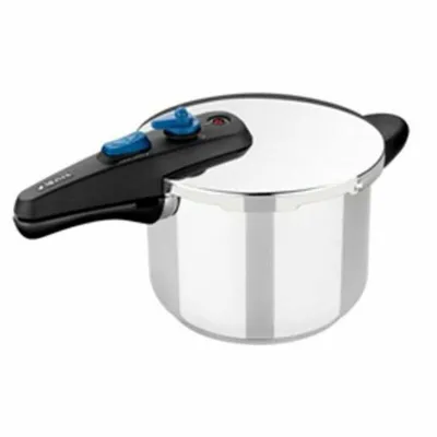A stainless steel pressure cooker with a black handle and blue controls, shown against a white background.