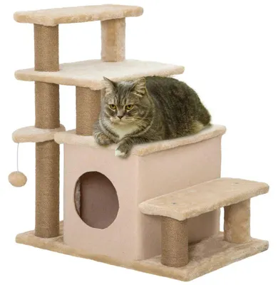 Immagine prodotto di Scala per gatti con tiragraffi e casetta | Colore: Beige | Dimensioni: 40x60x66 cm