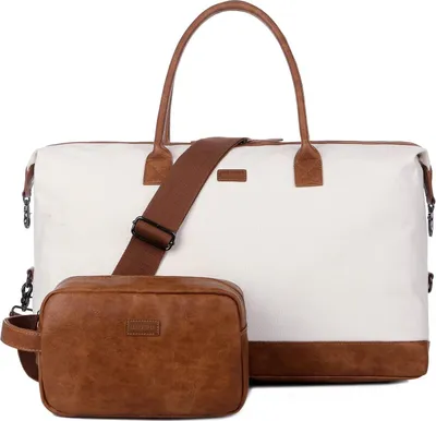 Produktbild von Famanu Reisetasche für Damen - praktische Handgepäcktasche mit Kosmetiktasche - beige/weiß