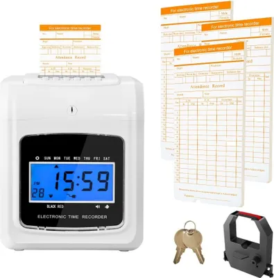 Produktbild von Elektronische Stempeluhr - Zeiterfassungssystem - 102 Stempelkarten - Inkl. 2 Schlüssel + 1 Band - Weiß - Wandmontage - Für Kleinbetriebe, Büros, Fabriken etc.