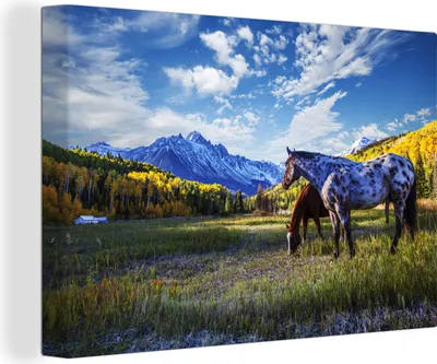 Produktbild von OneMillionCanvasses® - Leinwandbilder - 140x90 cm, Pferde - Berge - Bäume, Wandbilder Kunstdruck Wanddekoration