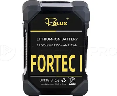 Zdjęcie produktu dla Akumulator Rolux V-Mount Fortec I o pojemności 211 Wh i napięciu 14,4V, wyposażony w cztery złącza D-Tap