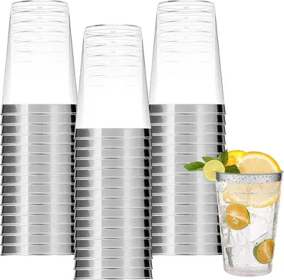 Produktbild von 60 Stück 10oz/300ml Silber Rand Hartplastik Partybecher Set