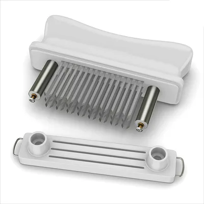 A white meat tenderizer with stainless steel blades and a separate white base.