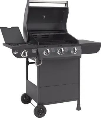 A black gas grill with the lid open, shown from the front on a white background.