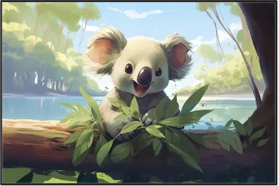 Produktbild von Wallario Wandbild Australische Idylle: Der lächelnde Koala, Größe: 61 x 91,50 cm, Poster mit schwarzem Aluminiumrahmen