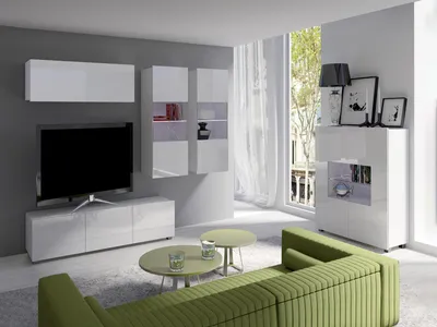 Produktbild von Wohnzimmer-Set CALABRINI-6 Wohnwand Hängewohnwand Schrankwand mit LED-Beleuchtung TV-Schrank Vitrine Kommode Moderne Anbauwand Hochglanz (Weiß)