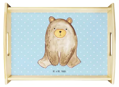 Produktbild von Mr. & Mrs. Panda Tablett Bär sitzend - Blau Pastell - Geschenk, Serviertablett, Teddy, sofatablett, Frühstückstablett, aus holz, Sofa