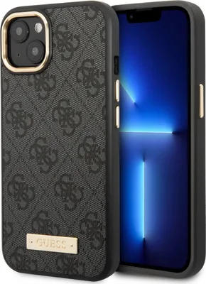 A close-up view of a black iPhone 14 Plus case with a repeating Guess logo pattern and a gold Guess logo plate. The phone screen is visible on the right.