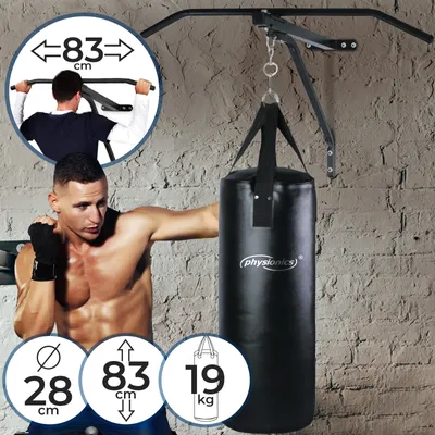 Produktbild von Boxsack mit Klimmzugstange | Punchingsack: (ØxH) 28x83 cm – 4 reißfeste Gewebegurtbänder, Reckstange: 83 cm Breit – aus Stahl | Sandsack + Pull Up Bar Set, Boxsackhalterung