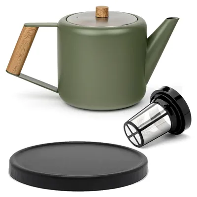 Produktbild von Doppelwandige Teekanne in Grün aus Edelstahl, 1,1 Liter mit Teefilter und schwarzem Holzuntersetzer