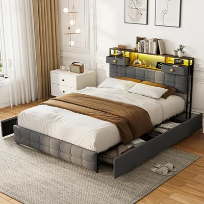 Produktbild von Moonbite Polsterbett 160x200cm mit Schubladen, LED-Beleuchtung und USB-Ladestation, Grau