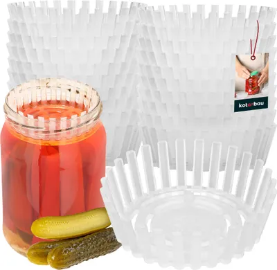 A jar of pickles and a stack of white fermentation weights.