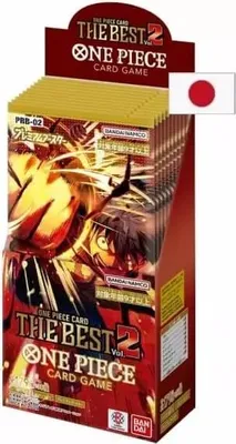 A booster box of One Piece The Best Vol.2 trading cards, with a Japanese flag visible.